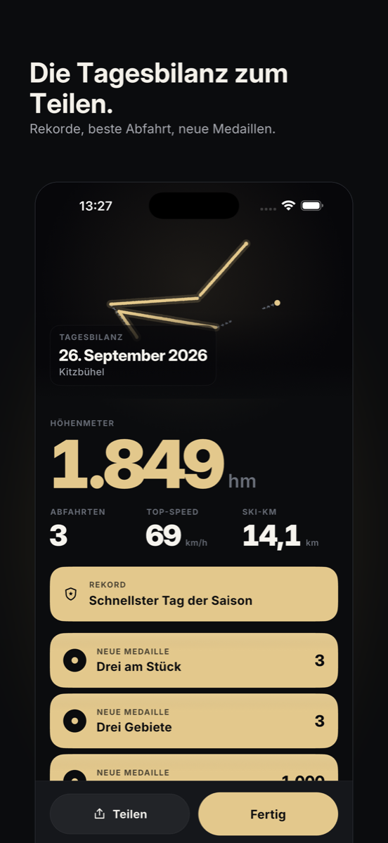 Tagesbilanz in SlopeTrack: Höhenmeter, Abfahrten, Top-Speed